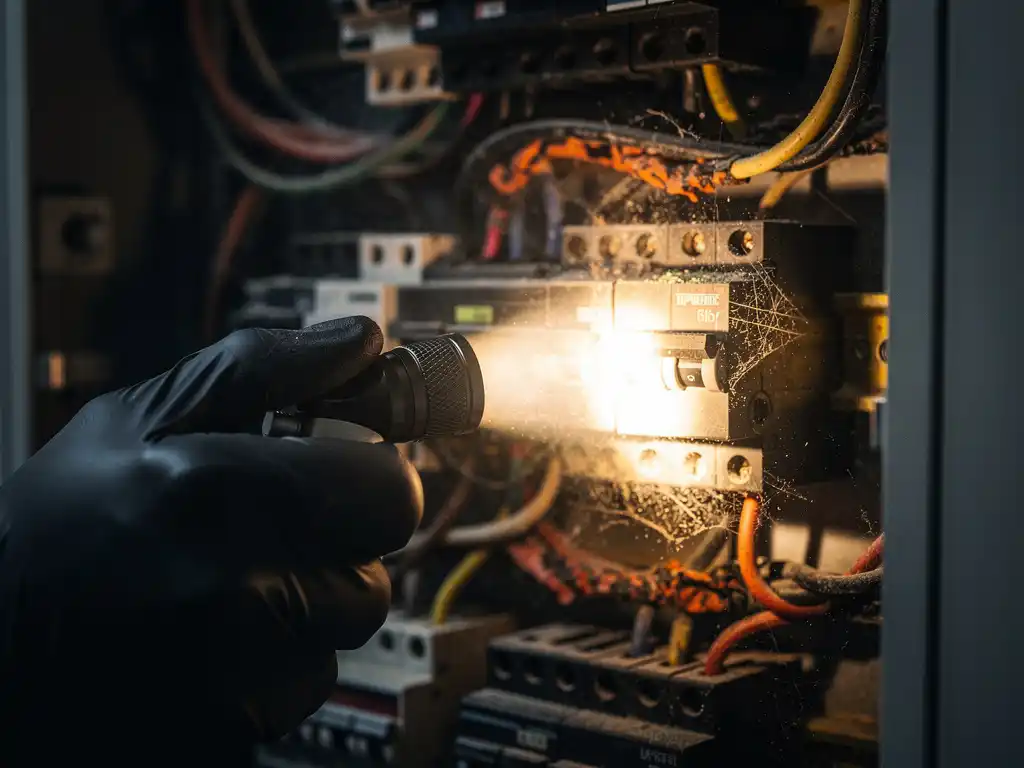 Gloved hand shining a flashlight on a residential electrical panel showing dust and smoke residue on dark metal surfaces.