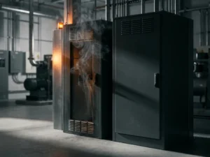 Smoldering electrical switchgear cabinet emitting smoke from vents beside an undamaged unit in an industrial facility.