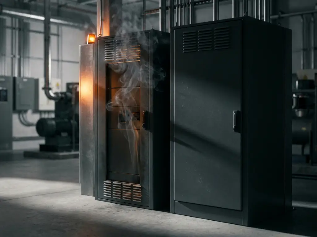 Smoldering electrical switchgear cabinet emitting smoke from vents beside an undamaged unit in an industrial facility.