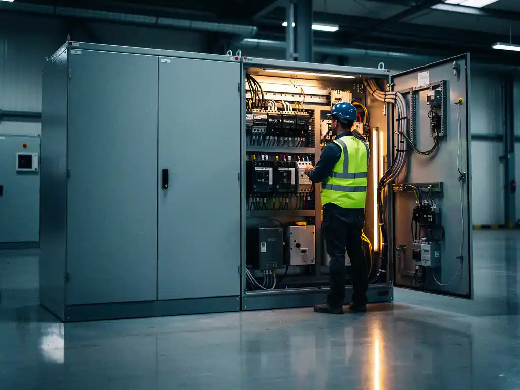 Facility manager inspecting open electrical switchgear cabinet revealing internal suppression components beside a closed unit on an industrial floor.