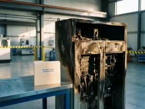 Charred electrical switchgear cabinet with scorch marks in an industrial facility, insurance document folder resting on a nearby metal surface.