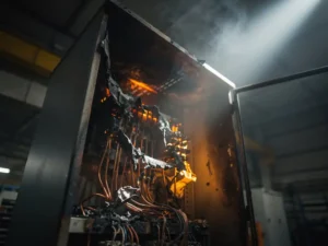 Scorched electrical switchgear cabinet with smoldering wires, exposed copper conductors, and heat-damaged insulation inside a dim industrial facility.