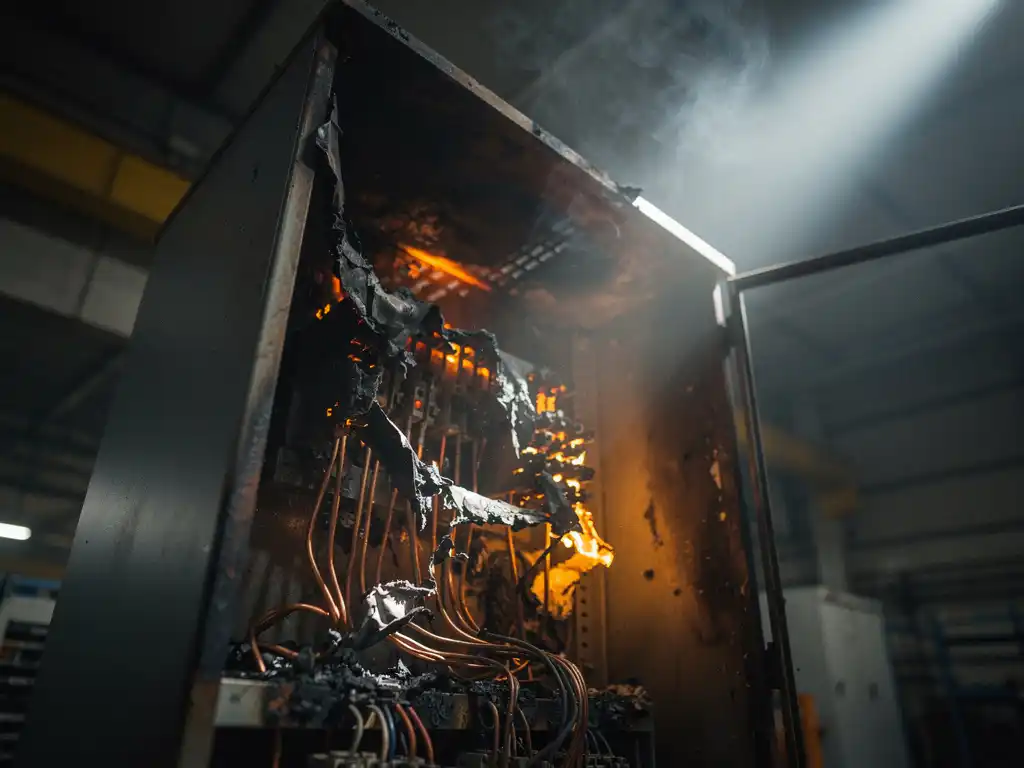 Scorched electrical switchgear cabinet with smoldering wires, exposed copper conductors, and heat-damaged insulation inside a dim industrial facility.