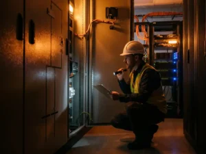 Fire safety professional in a hard hat inspecting open industrial electrical switchgear cabinet by clipboard in amber-lit server room.