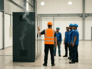 Safety officer in high-visibility vest gesturing toward smoking electrical switchgear cabinet during factory floor team briefing.