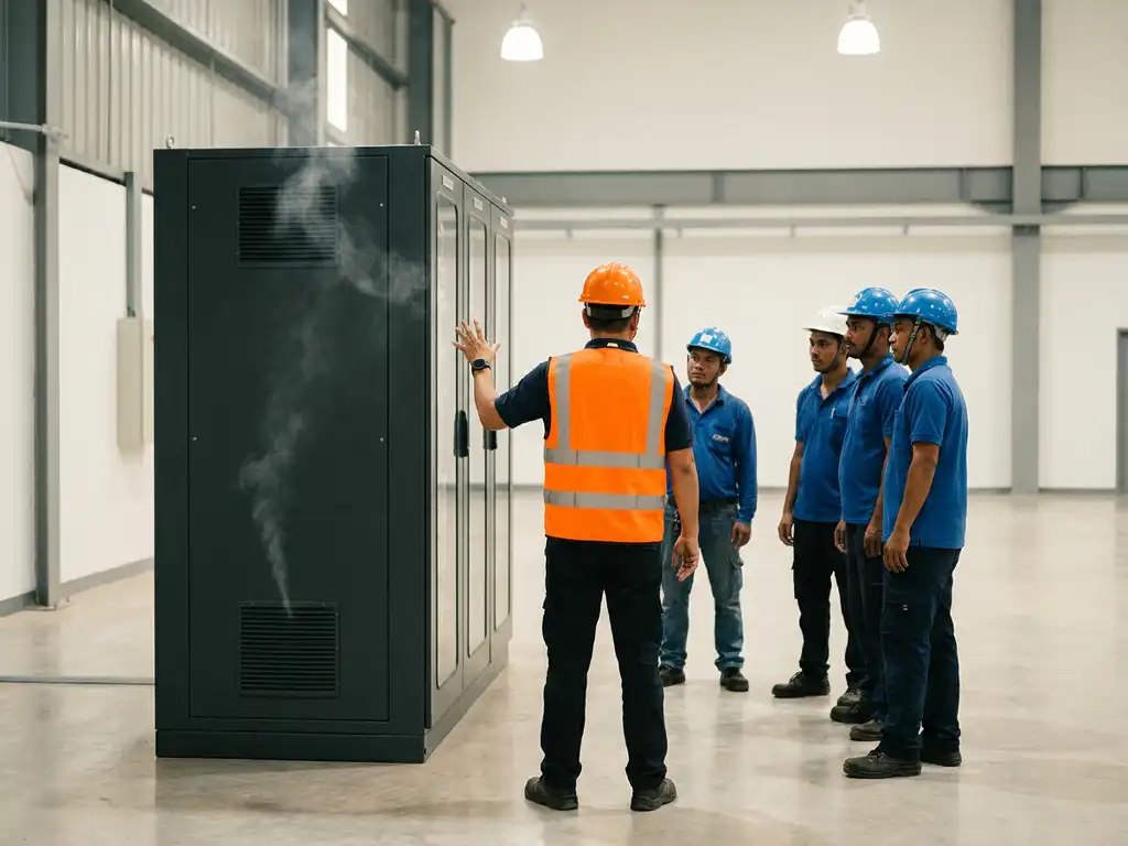Safety officer in high-visibility vest gesturing toward smoking electrical switchgear cabinet during factory floor team briefing.