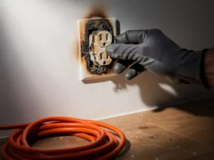 Gloved electrician inspecting a scorched, overloaded power outlet on a white wall, with a coiled orange extension cord on a wooden floor nearby.