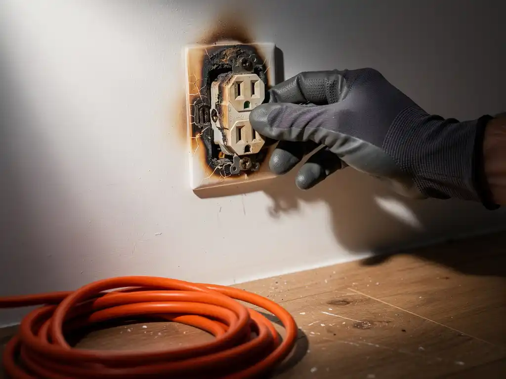 Gloved electrician inspecting a scorched, overloaded power outlet on a white wall, with a coiled orange extension cord on a wooden floor nearby.