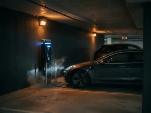 Electric vehicle charging station emitting smoke in a dimly lit underground parking garage with amber emergency lighting.