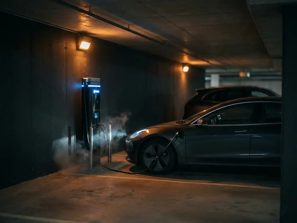 Electric vehicle charging station emitting smoke in a dimly lit underground parking garage with amber emergency lighting.