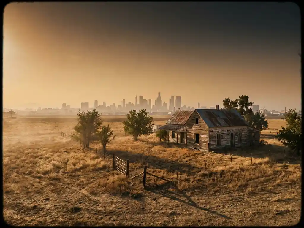 Weathered farmhouse amid dry golden fields with a hazy urban skyline in the distance, bathed in warm late-afternoon light.