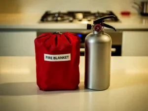 Red fire blanket and compact extinguisher on a kitchen countertop, with a gas stove burner visible in the background.