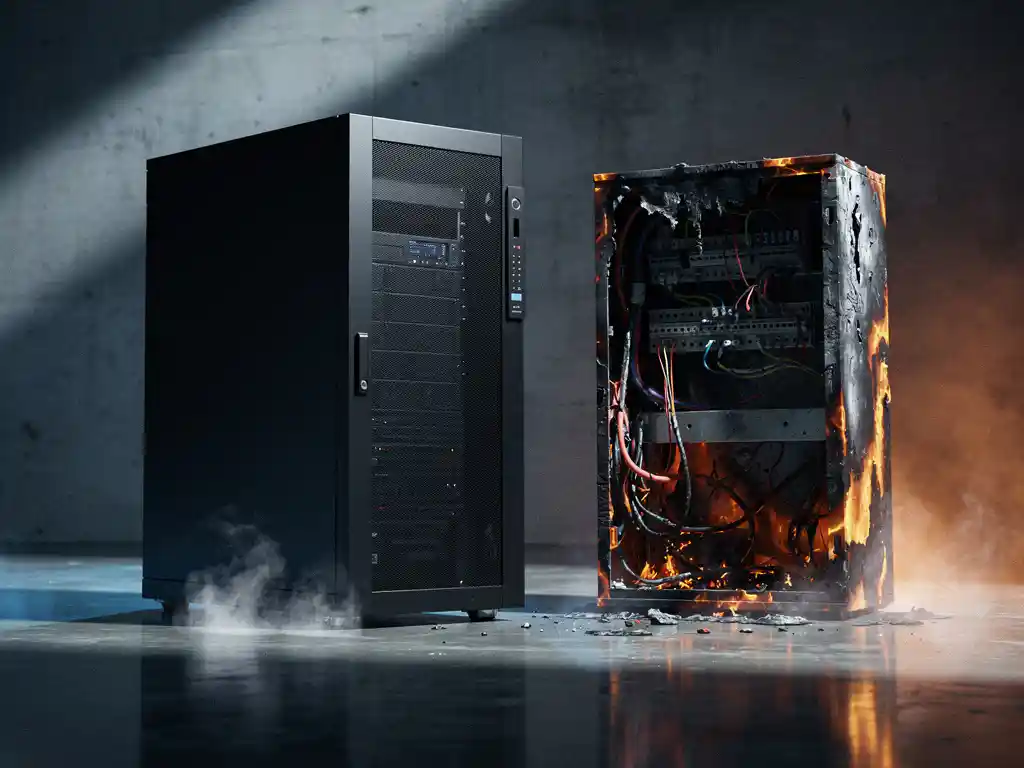 Black server cabinet protected by nitrogen suppression system beside a fire-damaged electrical panel on industrial concrete floor.