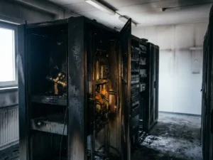 Fire-damaged industrial switchgear cabinet with melted wiring and soot-covered equipment in a scorched server room.