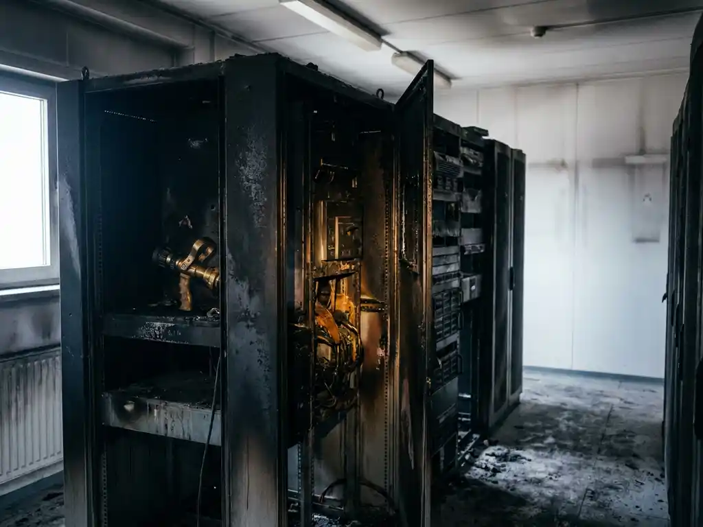 Fire-damaged industrial switchgear cabinet with melted wiring and soot-covered equipment in a scorched server room.