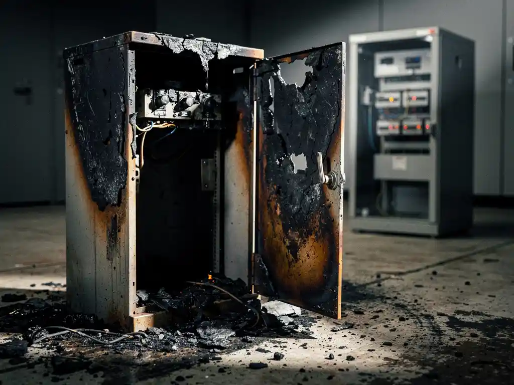 Scorched industrial switchgear cabinet with charred open door and ash residue on concrete floor, intact cabinet visible in background.