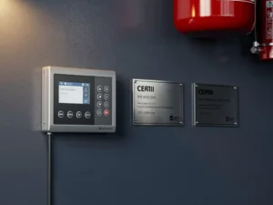 Fire detection control panel with two certification plaques on an industrial wall, suppression canister visible nearby under warm amber lighting.