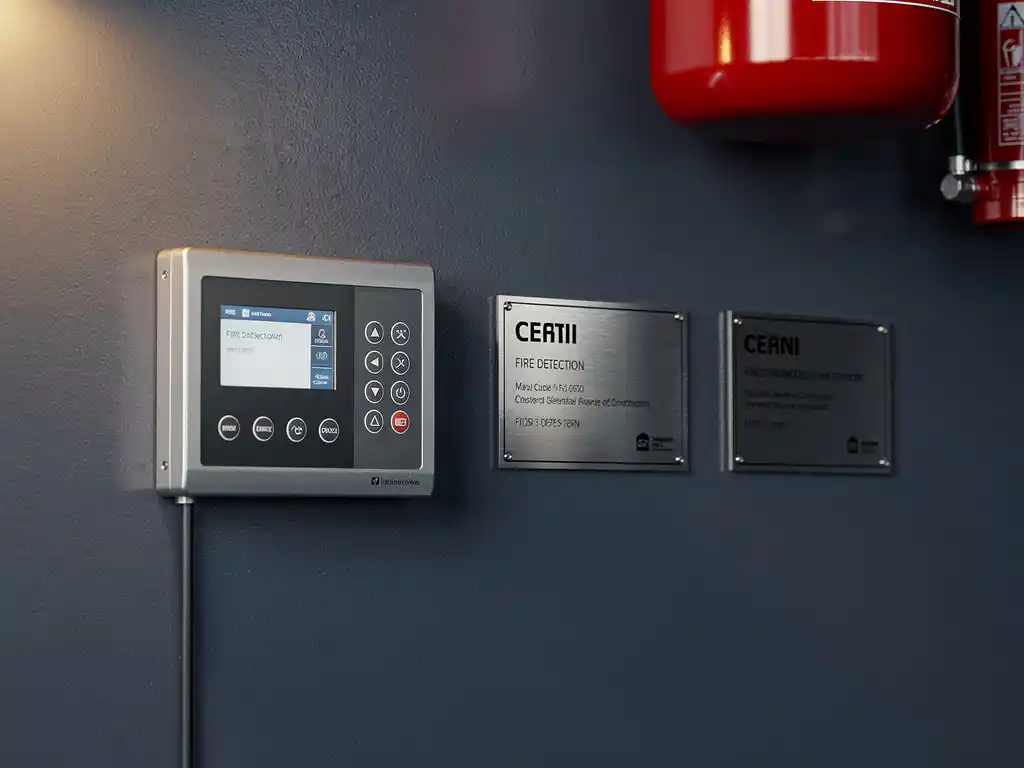 Fire detection control panel with two certification plaques on an industrial wall, suppression canister visible nearby under warm amber lighting.