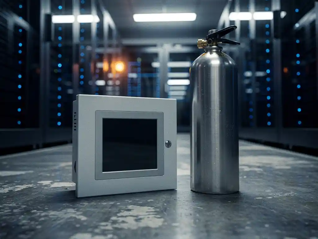 Fire detection panel and clean-agent suppression canister on concrete floor in a server room with blue rack indicator lights glowing in background.