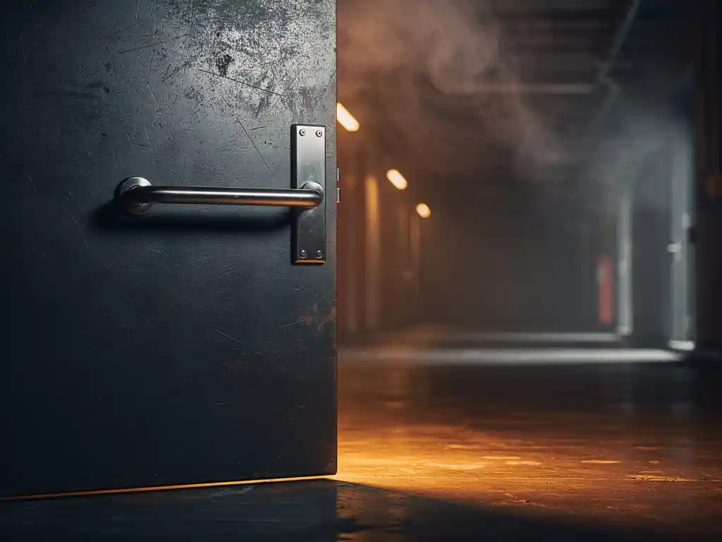 Heavy-duty fire door with brushed steel handle standing half-open in an industrial corridor under amber emergency lighting with smoke haze near the ceiling.