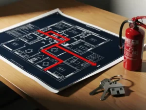 Floor plan blueprint with red escape route marked in marker, beside a fire extinguisher and house keys, on a desk.
