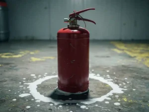 Red fire extinguisher on weathered concrete floor surrounded by chemical foam residue, dramatic overhead lighting with sharp shadows.