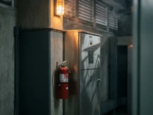 Red fire extinguisher mounted beside industrial electrical switchgear cabinet, faint smoke near ventilation grilles under amber emergency lighting.