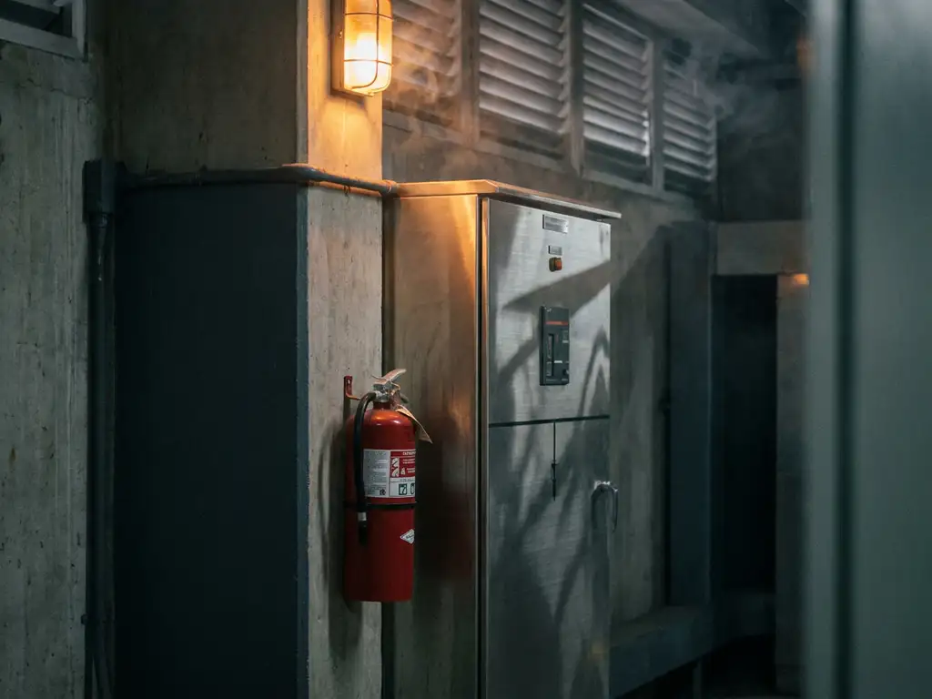 Red fire extinguisher mounted beside industrial electrical switchgear cabinet, faint smoke near ventilation grilles under amber emergency lighting.
