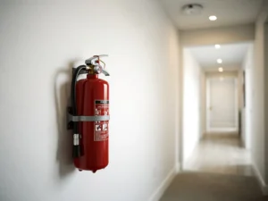 Red fire extinguisher mounted on a white hallway wall, smoke detector visible on ceiling above, modern home interior.