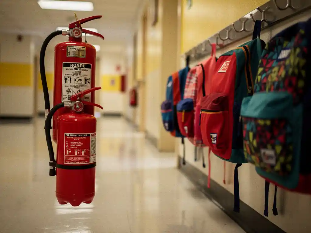Red fire extinguisher mounted on a cream school hallway wall, colorful children's backpacks on hooks visible nearby.