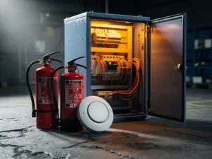 Red fire extinguisher and modern smoke detector on concrete floor beside an open electrical cabinet with amber glow.