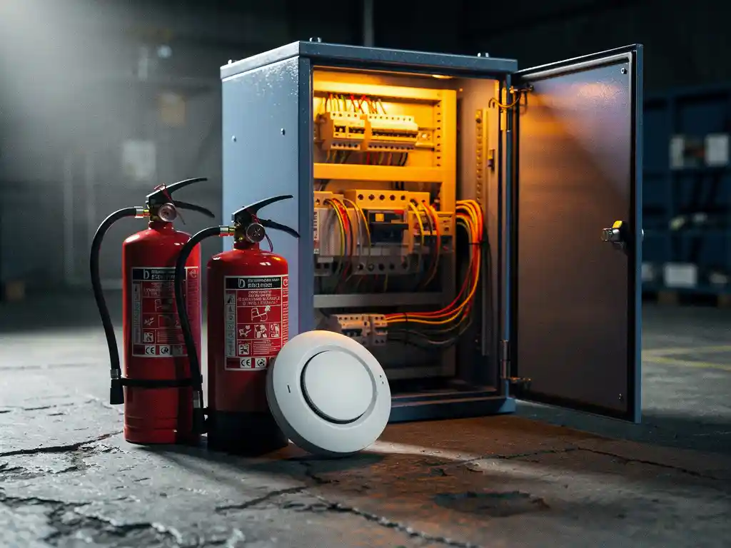 Red fire extinguisher and modern smoke detector on concrete floor beside an open electrical cabinet with amber glow.