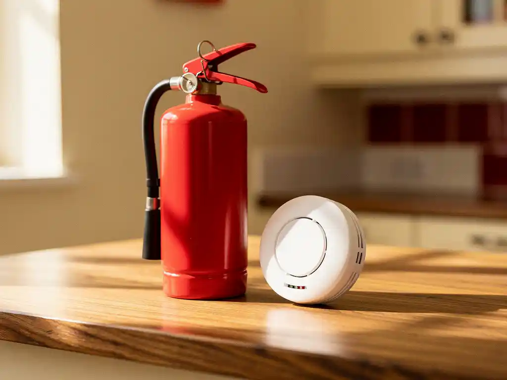 Red fire extinguisher and white smoke detector on an oak kitchen countertop in soft natural light.