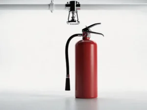 Red handheld fire extinguisher beside a chrome sprinkler head on a white ceiling pipe, fire safety equipment in sharp focus.