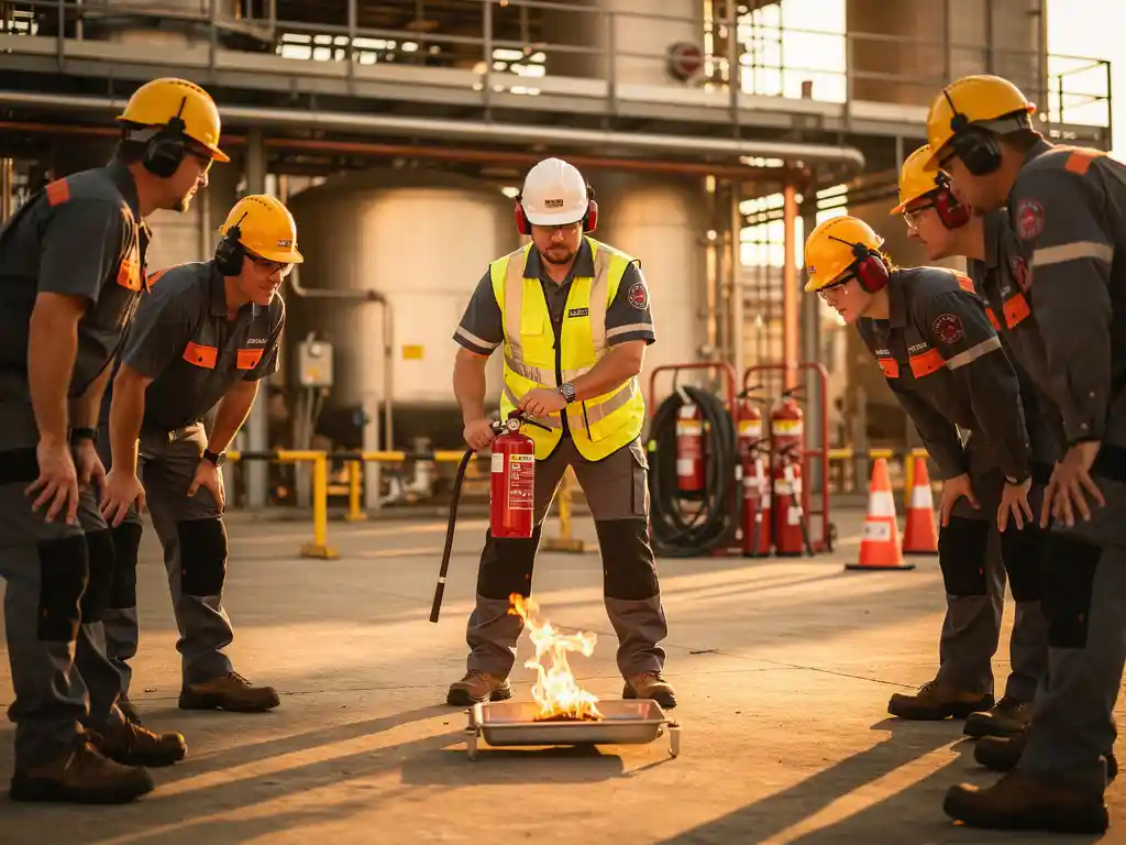 Fire safety instructor in high-visibility vest demonstrating extinguisher technique to workers around a controlled outdoor flame at an industrial facility.