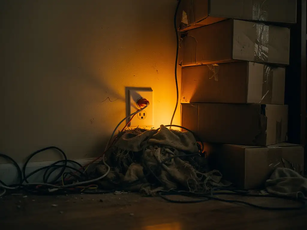Cluttered living room corner with stacked boxes, tangled cords, and dusty fabric piled near a wall outlet with a warm amber glow suggesting heat buildup.