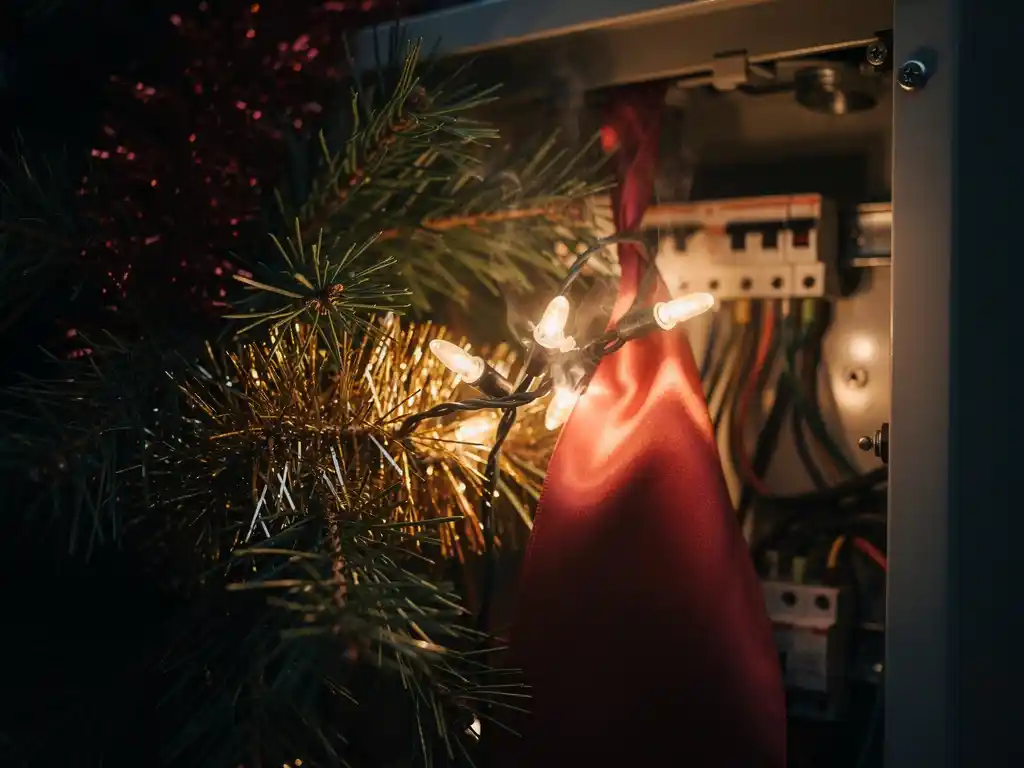 Overheating string of fairy lights tangled in dry tinsel near an open electrical cabinet, surrounded by pine branches and red ribbon.