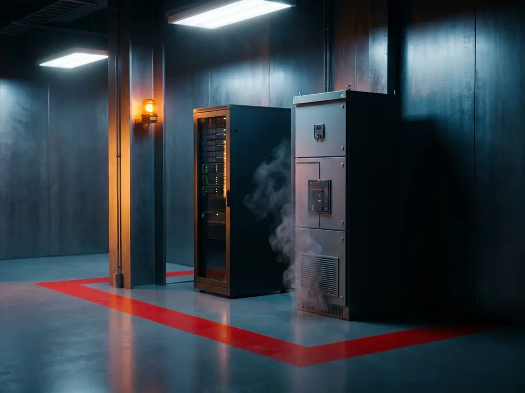 Fire management zone with red boundary marking server rack and electrical switchgear, amber warning light casting shadows amid faint smoke wisps.
