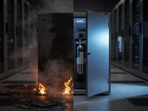 Fire-resistant steel cabinet with one side scorched by embers and the other sealed with a nitrogen suppression nozzle in a server room.