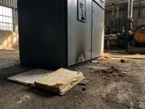 Yellowed fire risk assessment binder open on dusty industrial floor beside electrical switchgear cabinet with scorch mark on lower panel.