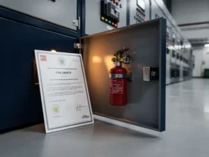 Fire safety certification document leaning against an open industrial switchgear cabinet with a suppression nozzle mounted inside.