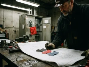 Fire safety engineer reviewing industrial facility blueprint on metal workbench, with red-flagged switchgear cabinet and prioritization markers under dramatic overhead lighting.