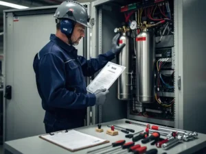 Fire safety engineer in protective gear reviewing certification documents beside a nitrogen suppression unit installed in an open server cabinet.