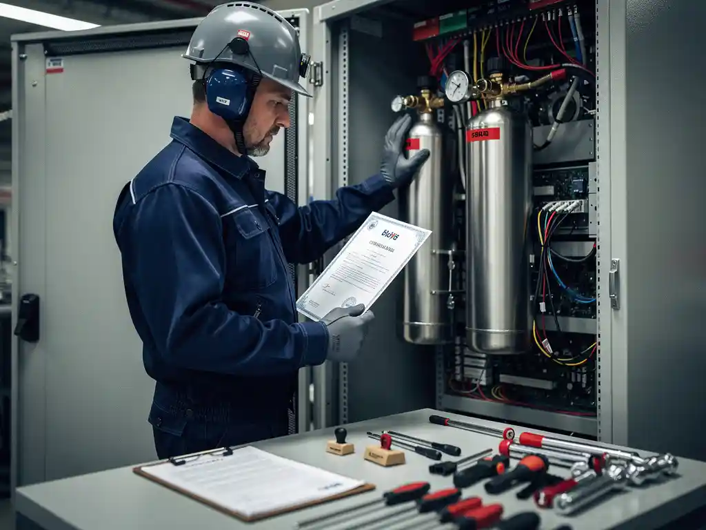 Fire safety engineer in protective gear reviewing certification documents beside a nitrogen suppression unit installed in an open server cabinet.