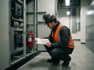 Fire safety engineer inspecting an industrial switchgear cabinet with a mounted suppression unit, reviewing clipboard data in a facility corridor.