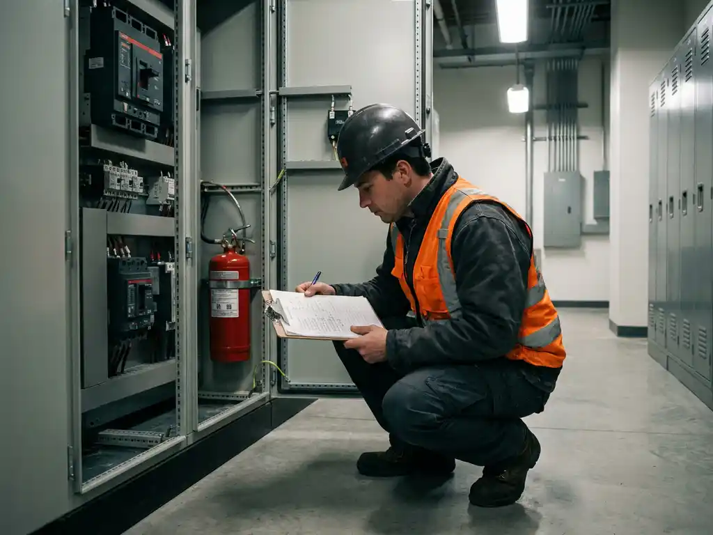 Fire safety engineer inspecting an industrial switchgear cabinet with a mounted suppression unit, reviewing clipboard data in a facility corridor.