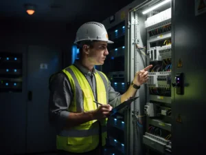 Fire safety professional in hard hat and hi-vis vest inspecting industrial electrical switchgear cabinet, clipboard in hand, smoke detector overhead.