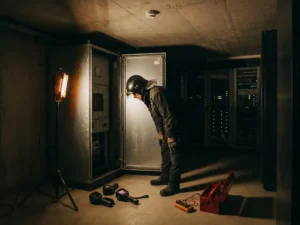 Fire safety professional inspecting industrial electrical switchgear cabinet in a server room, thermal assessment tools on concrete floor nearby.