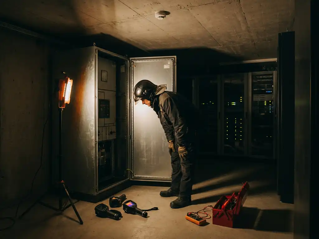 Fire safety professional inspecting industrial electrical switchgear cabinet in a server room, thermal assessment tools on concrete floor nearby.