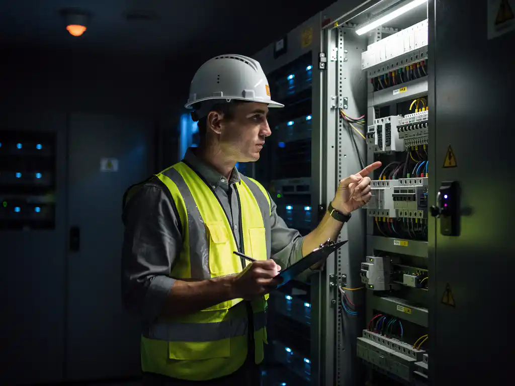 Fire safety professional in hard hat and hi-vis vest inspecting industrial electrical switchgear cabinet, clipboard in hand, smoke detector overhead.